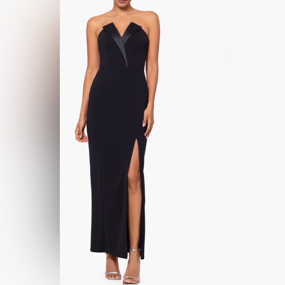 Betsy & Adam Tux Detail Strapless Column Gown B2815